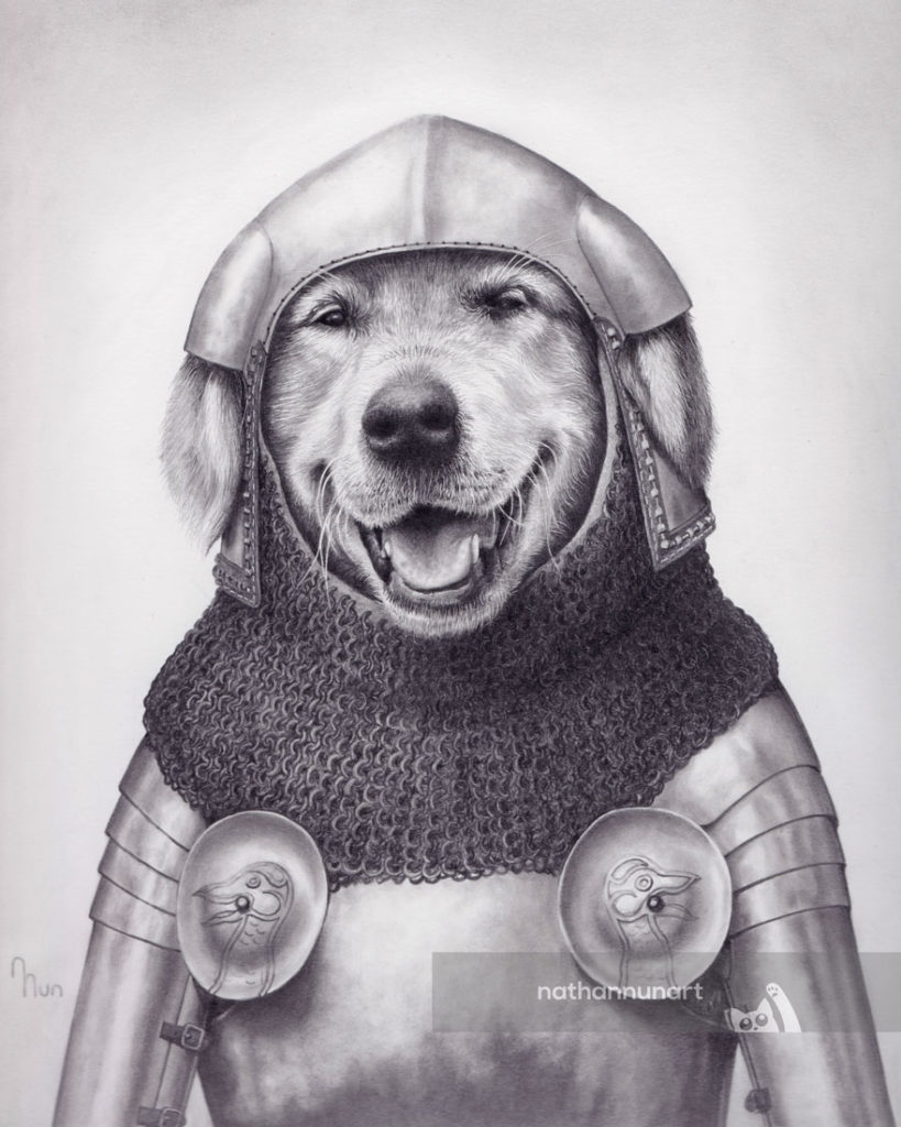 A golden retriever outfitted in early 15th century English armor