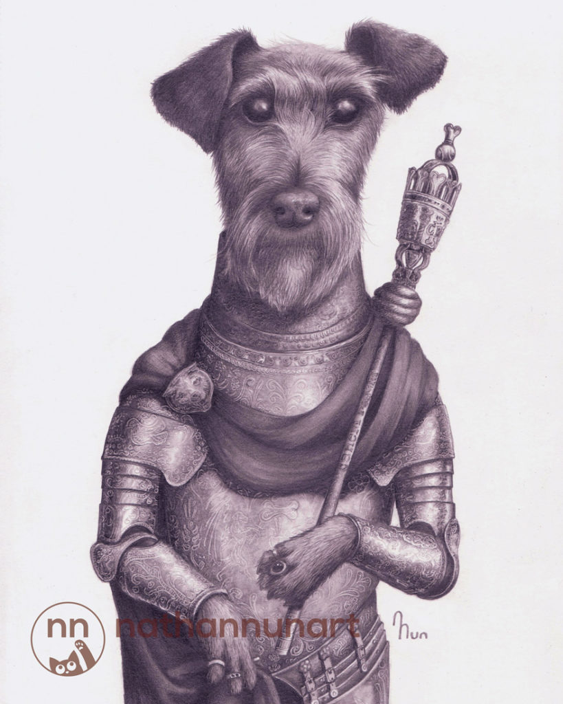 A terrier outfitted in 16th century Europe influenced armor
