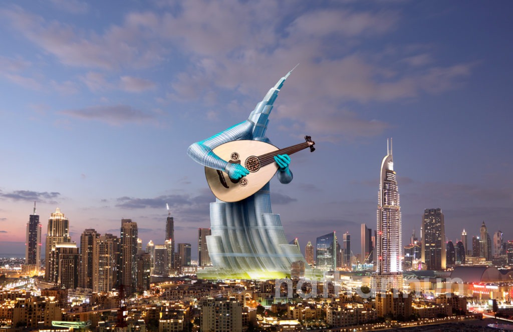Khalifa tower playing an oud.