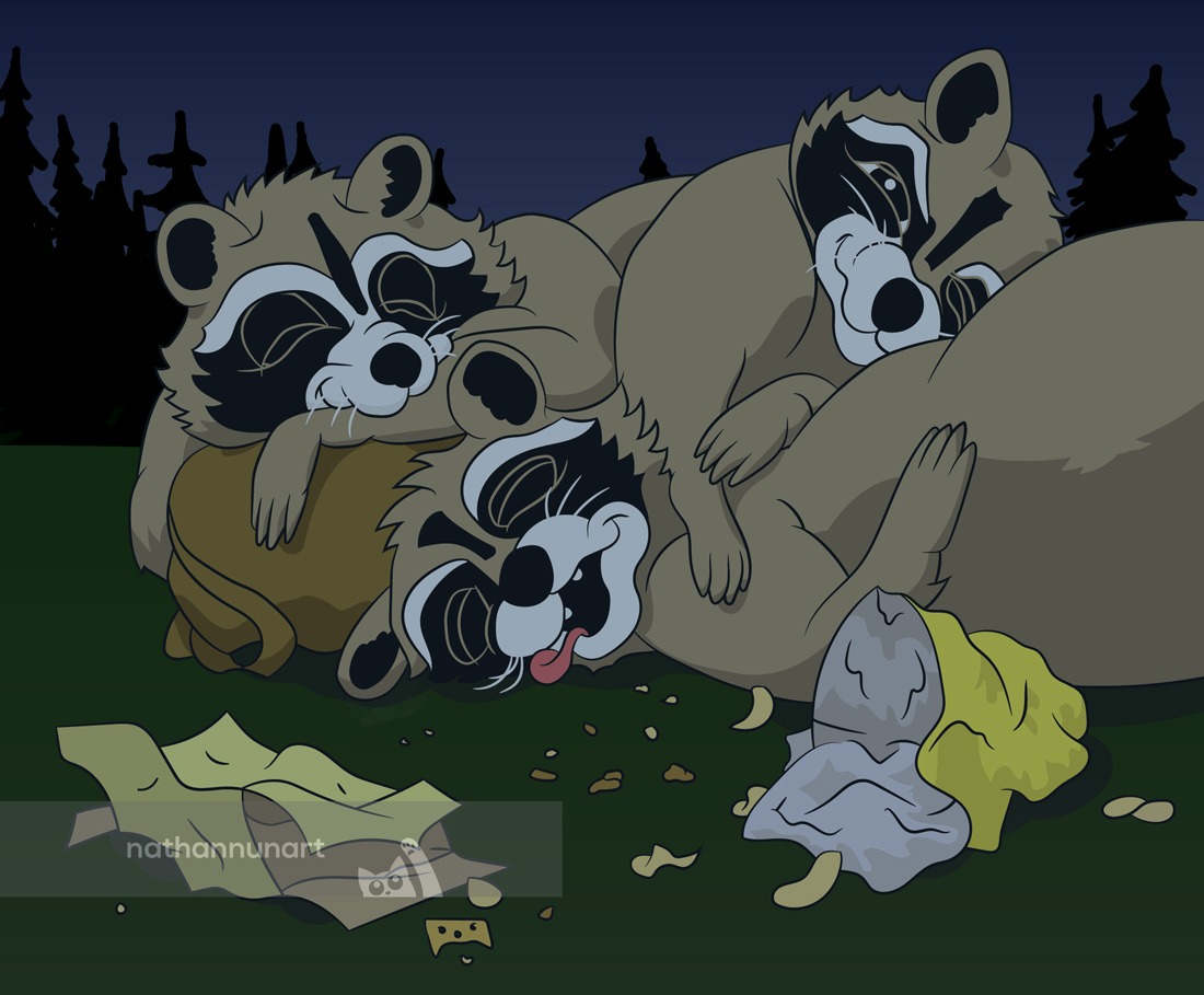Cartoon illustration of raccoons sleeping after snacks