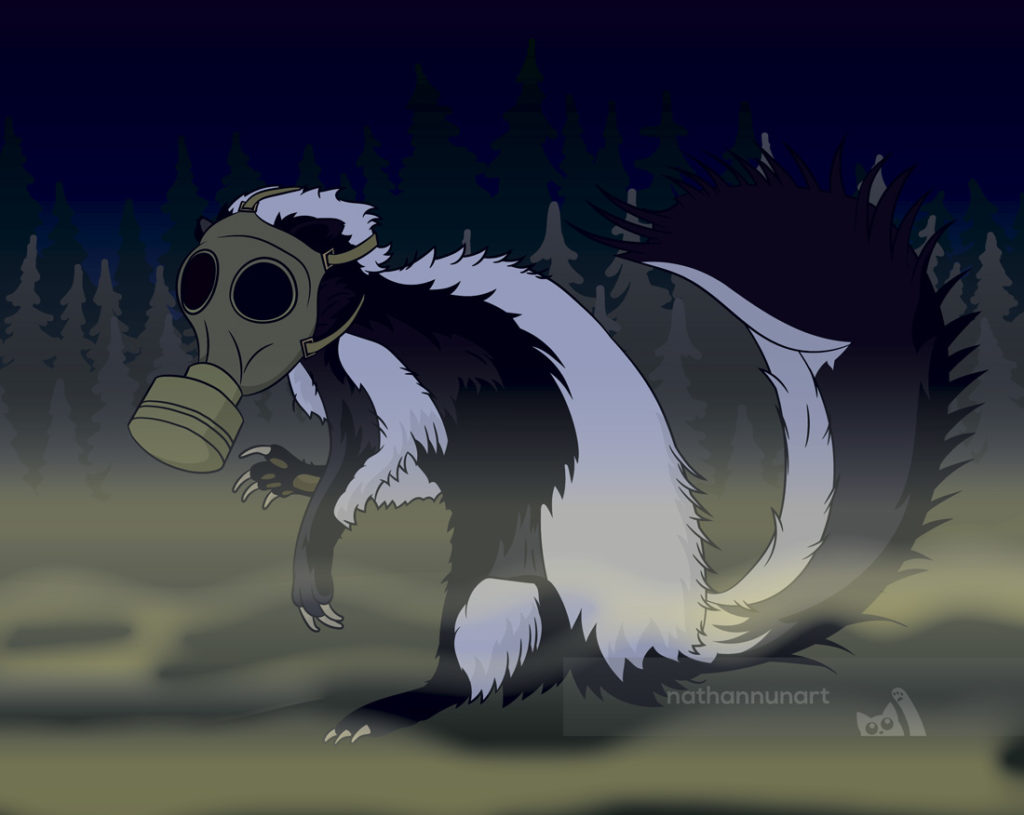 Cartoon of a skunk wearing a gasmask